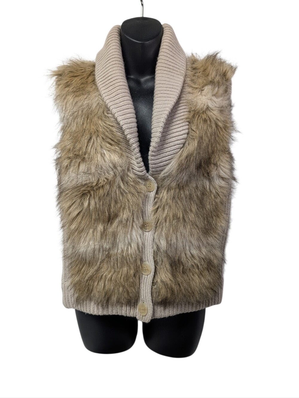 Ann Taylor Womens Beige Knit Faux Fur Shawl Collar Button Front Vest Sweater M
